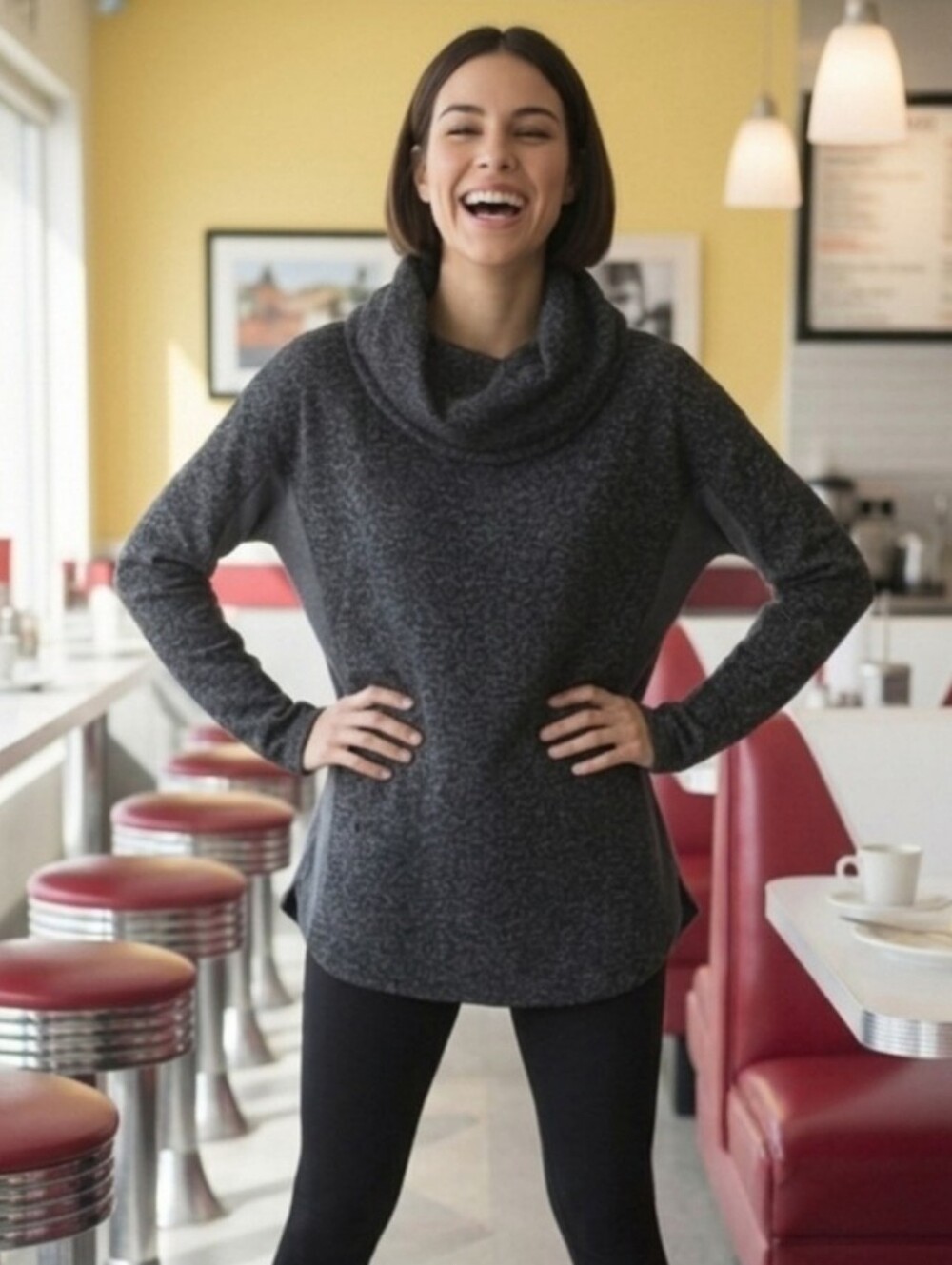 Tommy Hilfiger🏃♀️ATHLUXE Dark Gray HEATHERED Cowl Neck 2TONE SLEEVESweater SzS